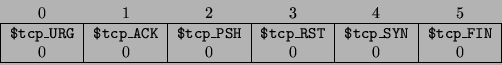 \begin{displaymath}
\begin{tabular}{\vert c\vert c\vert c\vert c\vert c\vert c\v...
...tcp\_FIN} \\
0 & 0 & 0 &
0 & 0 & 0 \\
\hline
\end{tabular}\end{displaymath}